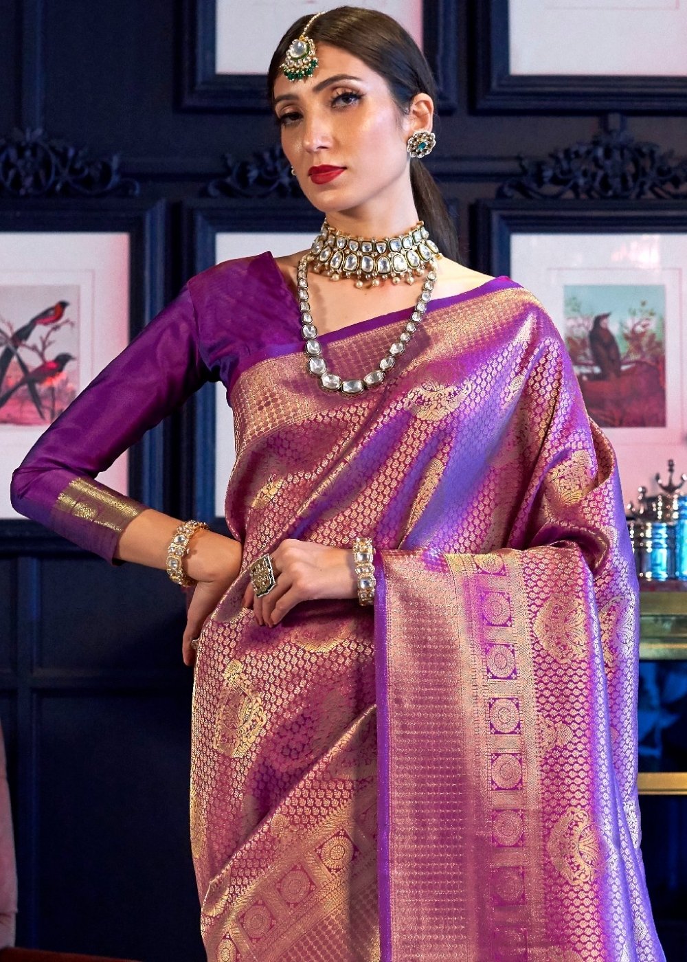 Golden Purple Kanjivaram Soft Woven Silk Saree : Top Pick