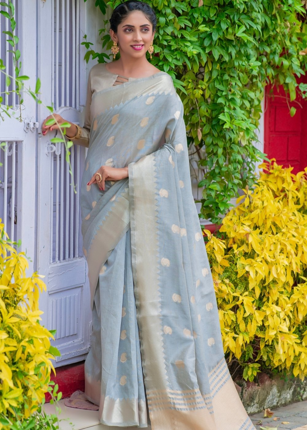 Dolphin Grey Assam Silk Saree with Zari Weaving Butti overall