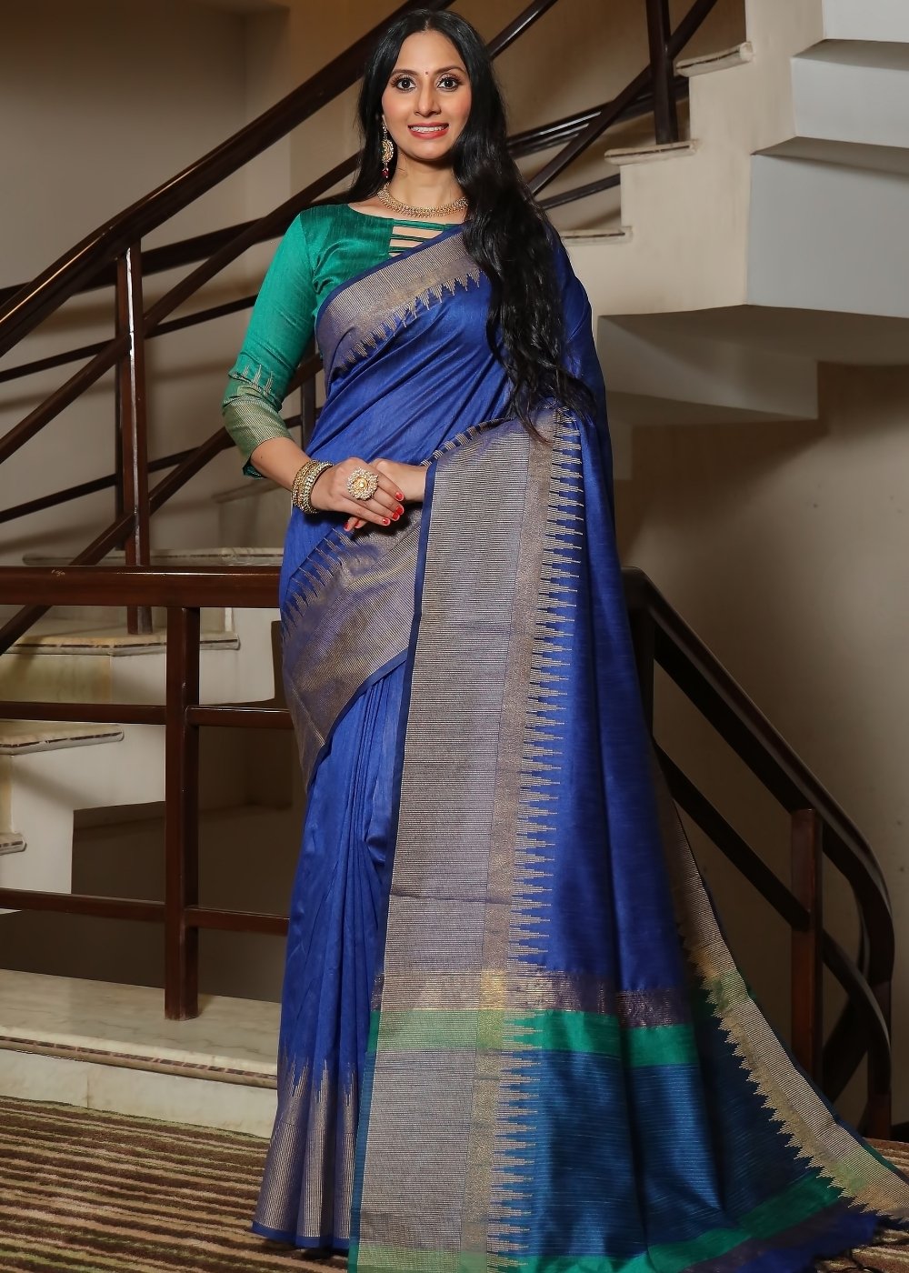 Egyptian Blue Art Silk Saree with Temple Border