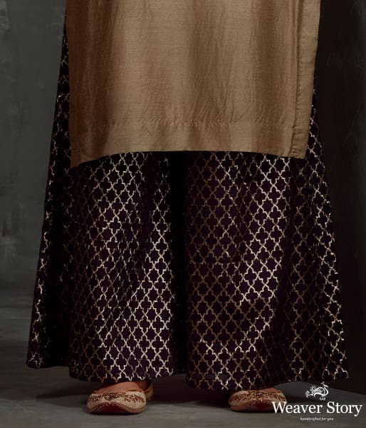 Hand embroidered munga silk suit in olive green color with brocade palazzo
