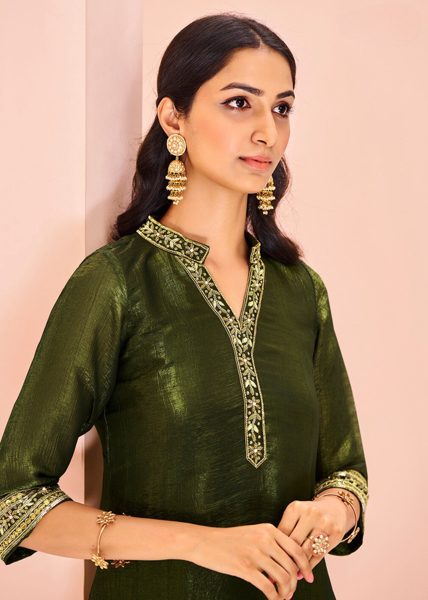 Olive Organza Handwork Kurta with Pant