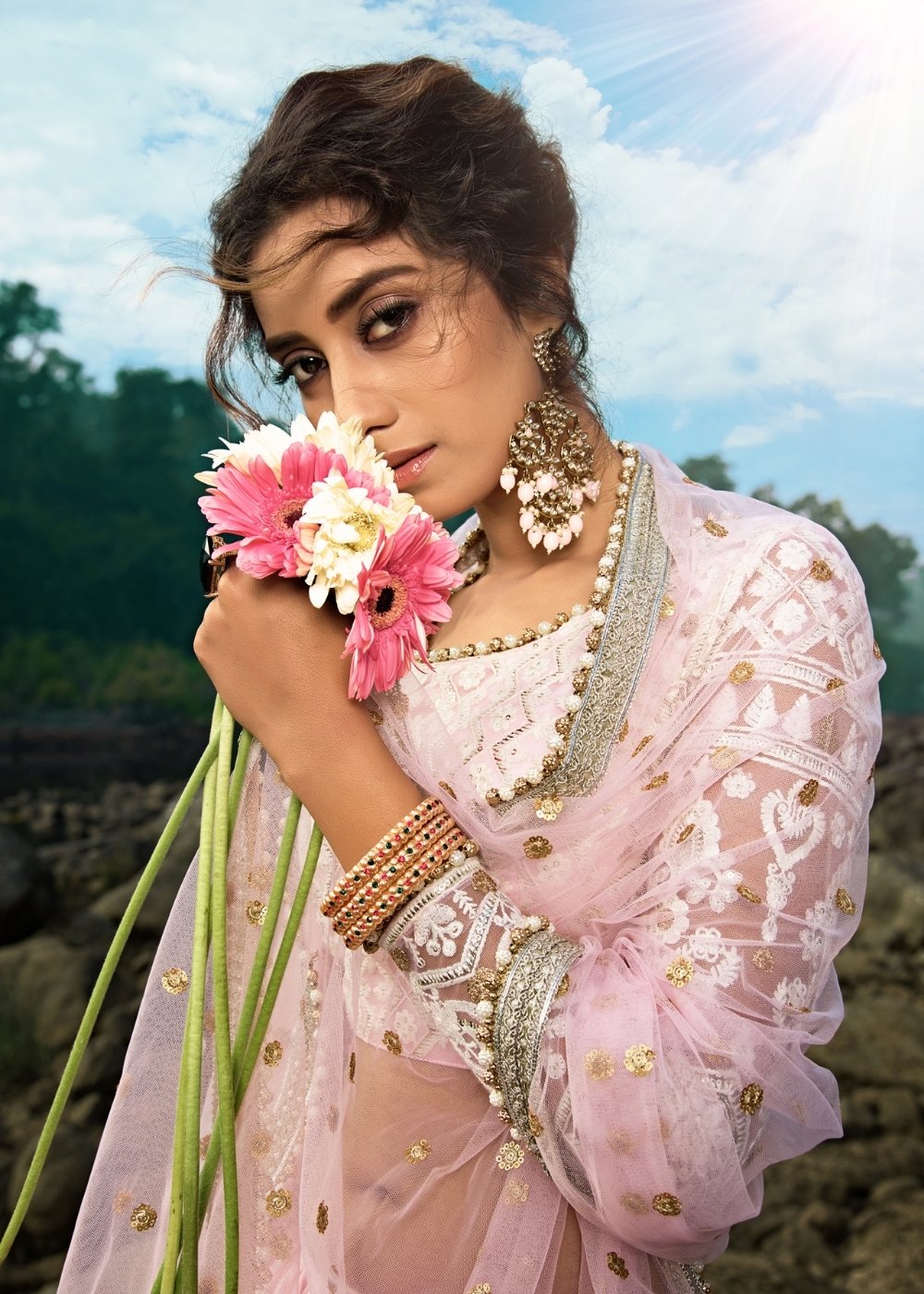 Pale Pink Designer Soft Net Lehenga Choli with Sequins, Thread & Zari work