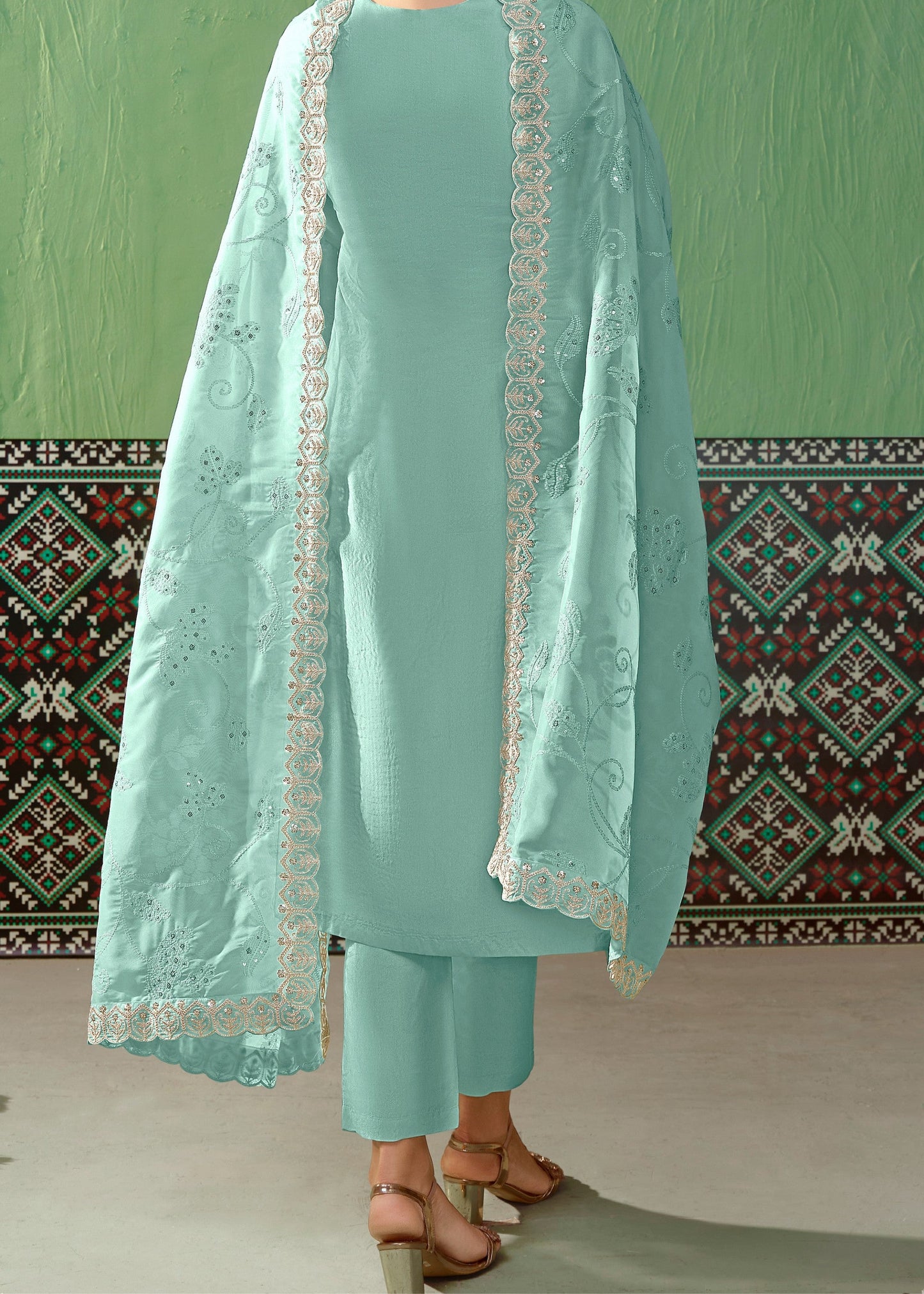 Blue Pure Bamber Silk with Embroidery Salwar Suit