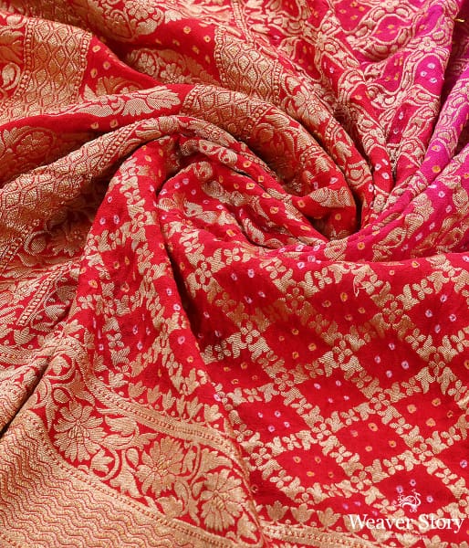 Handwoven Red and Pink Banarasi Bandhej Dupatta