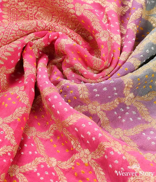 Handwoven Pink Grey Banarasi Bandhej Dupatta