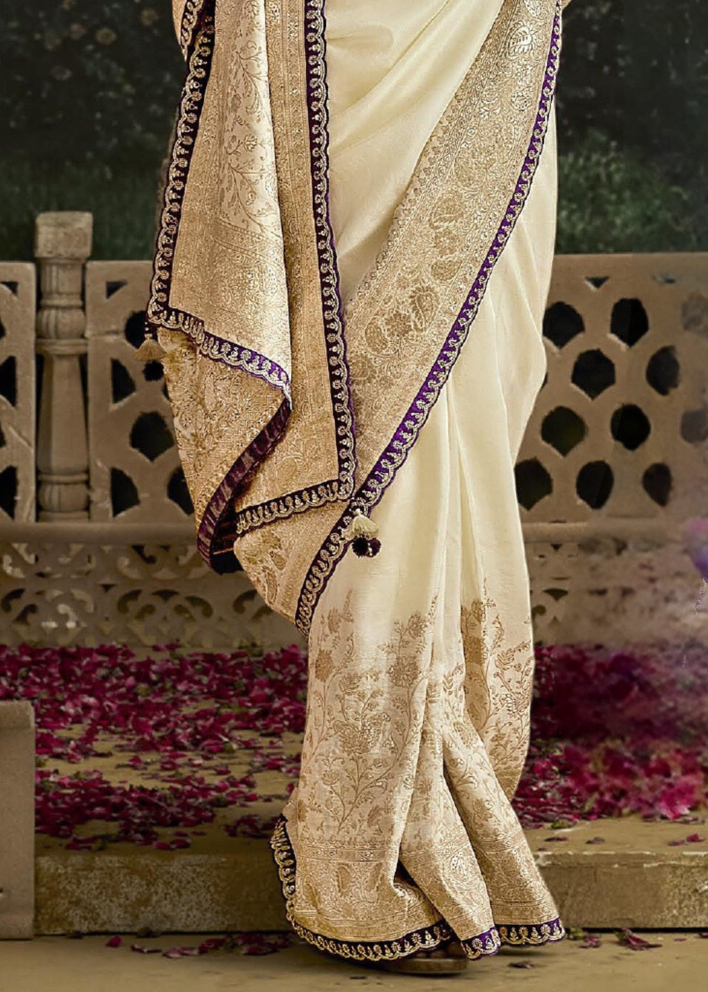 Off-White and Purple Saree with Viscose Silk and Zari Work