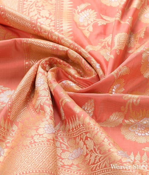 Handwoven Peach Kadhwa Jangla Dupatta with Elaborate Pallu