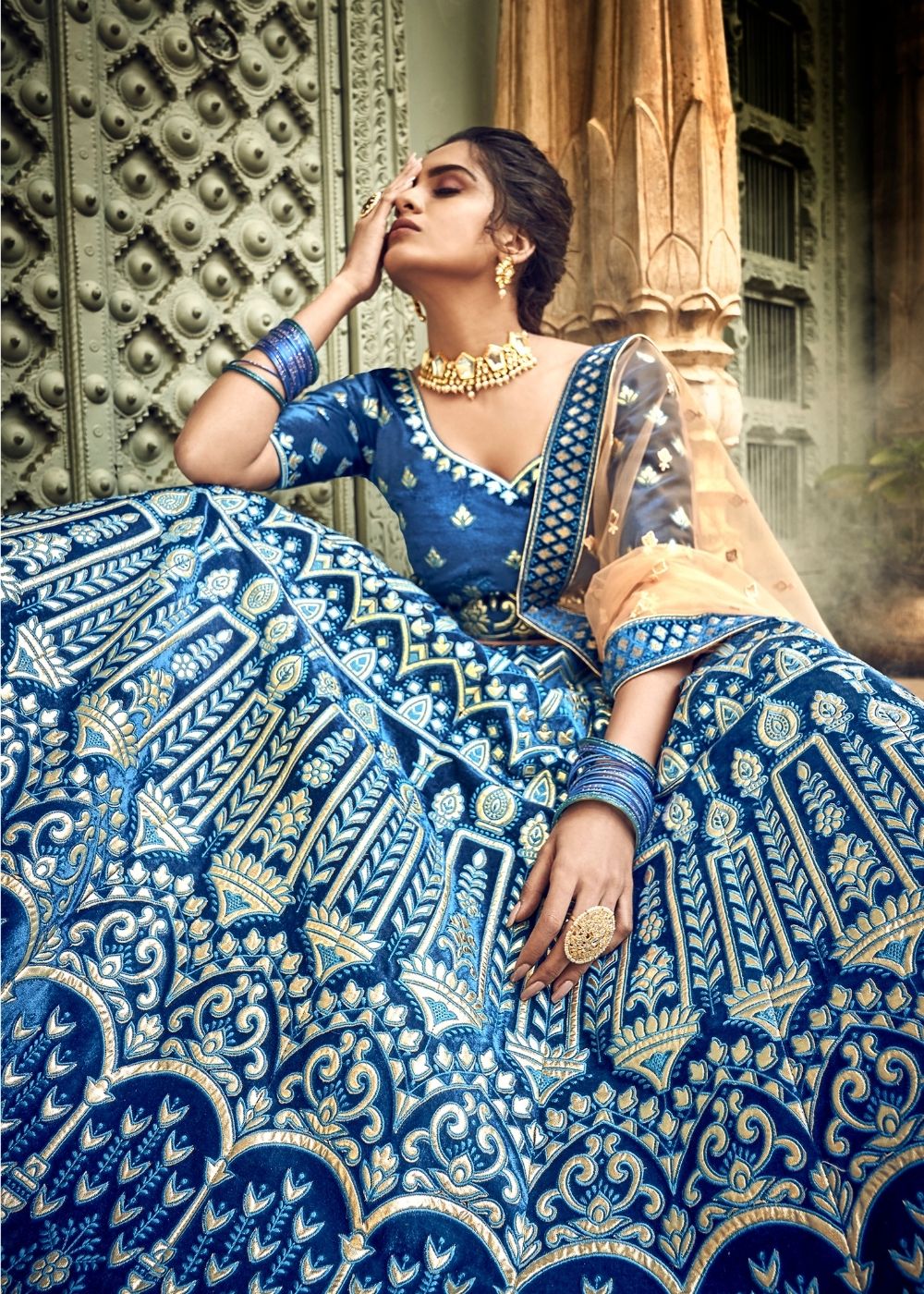 Azure Blue Velvet Lehenga Choli with Thread, Zari and Pure Gota work (Pre-Order)