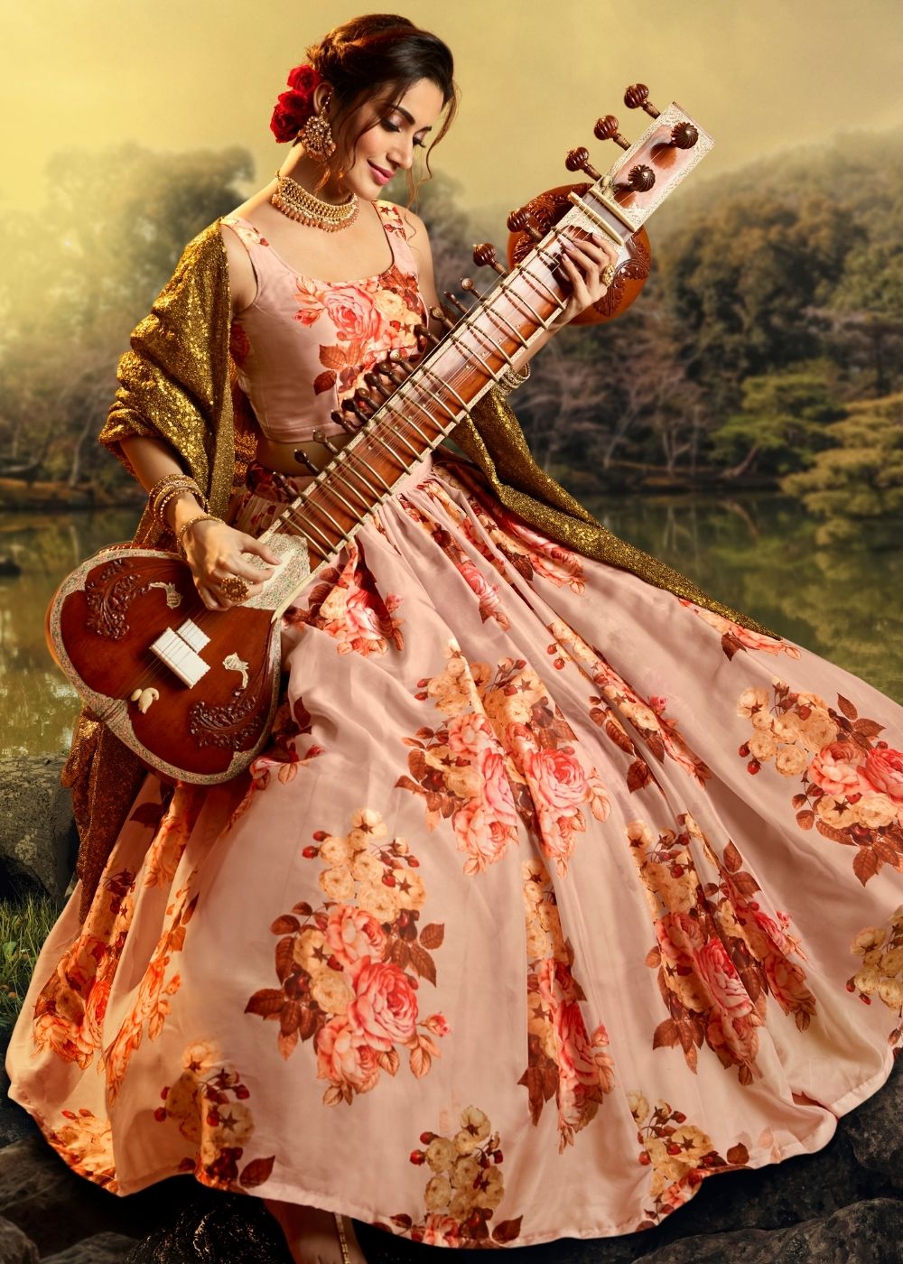 Coral Pink Organza Designer Printed Floral Lehenga Choli with Sequins and Zari work