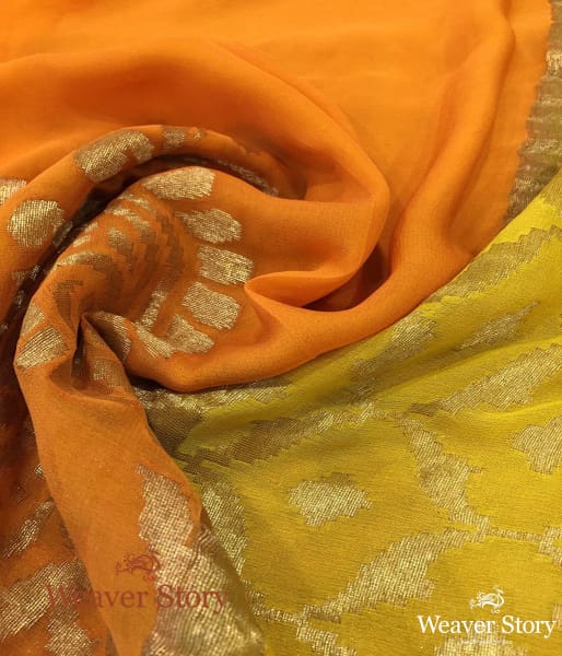 Handwoven Ombre Dye Orange and Yellow Banarasi Georgette Dupatta