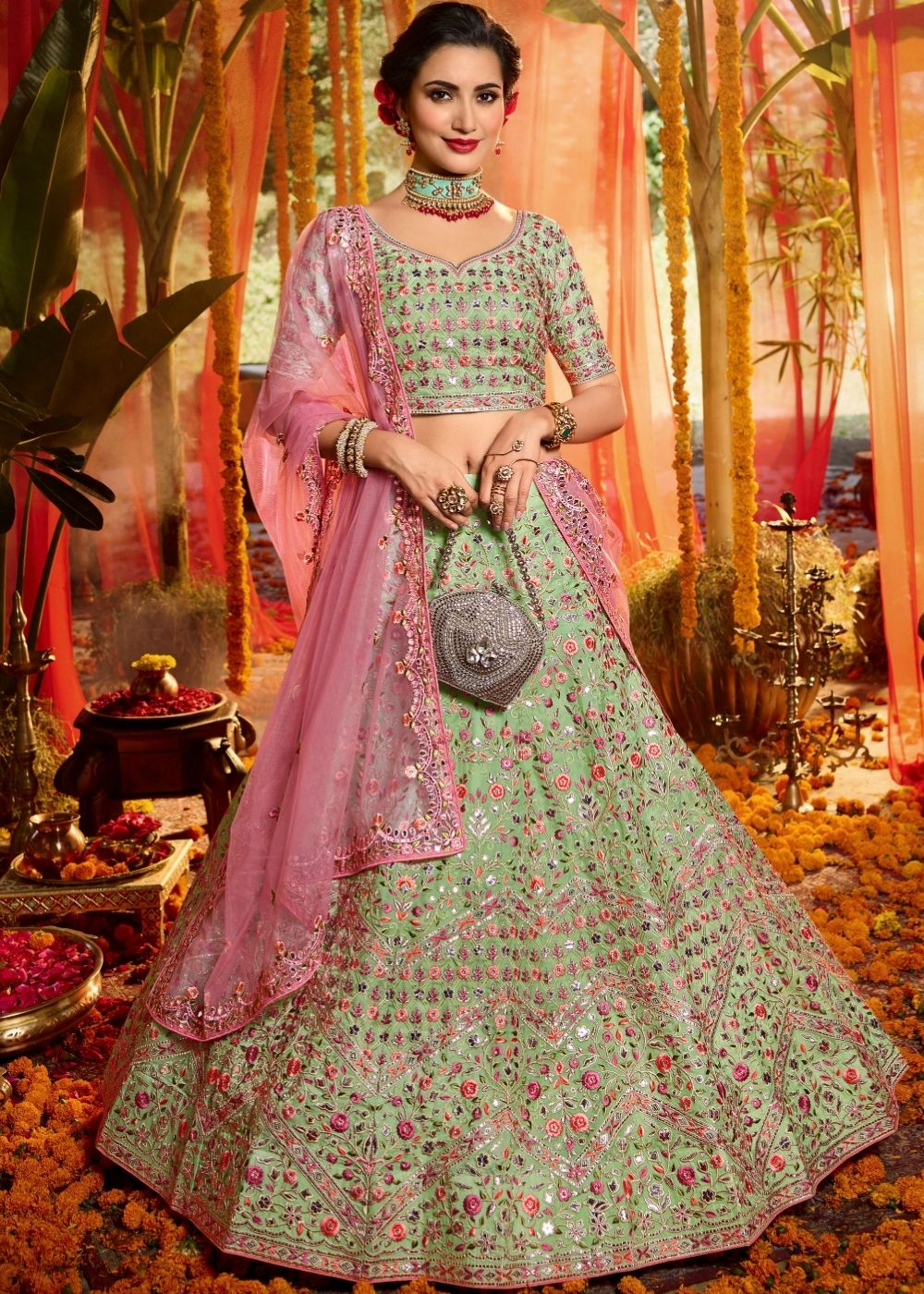 Mint Green Organza Designer Lehenga Choli with Foil, Mirror, Thread and Zari work (Pre-Order)