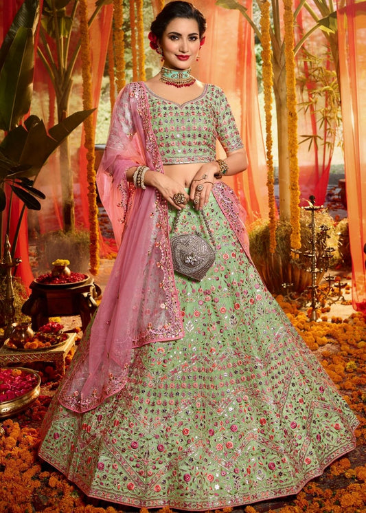 Mint Green Organza Designer Lehenga Choli with Foil, Mirror, Thread and Zari work (Pre-Order)