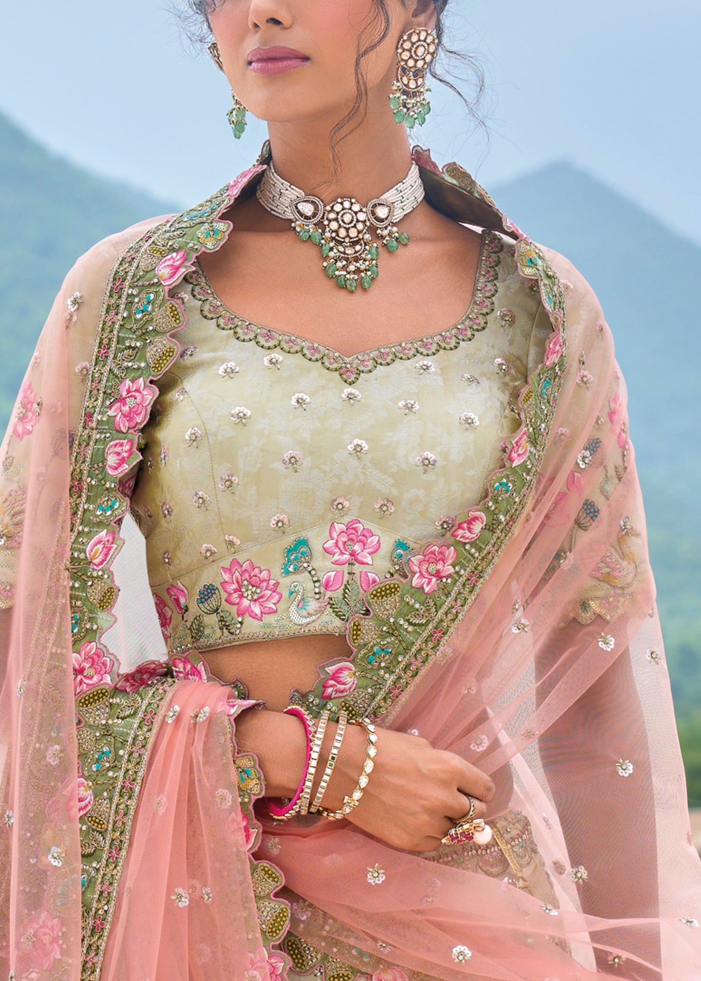 Pista Green and peach Viscose Tissue Lehenga Choli with Embroidery Work