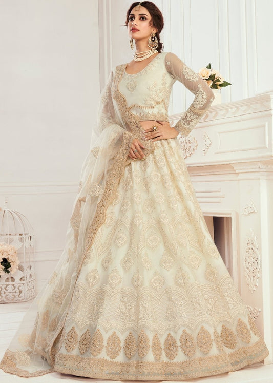 Ivory White Soft Net Lehenga Choli with Cording, Stonework, Thread & Zari Embroidery