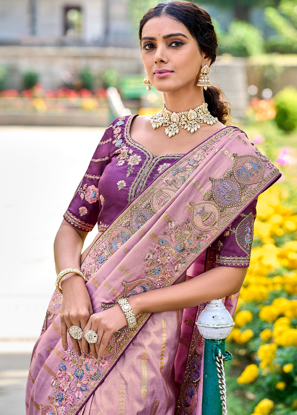 Helio Purple Tissue Silk Saree with Stone & Embroidery cut Work Border