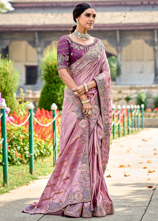 Helio Purple Tissue Silk Saree with Stone & Embroidery cut Work Border