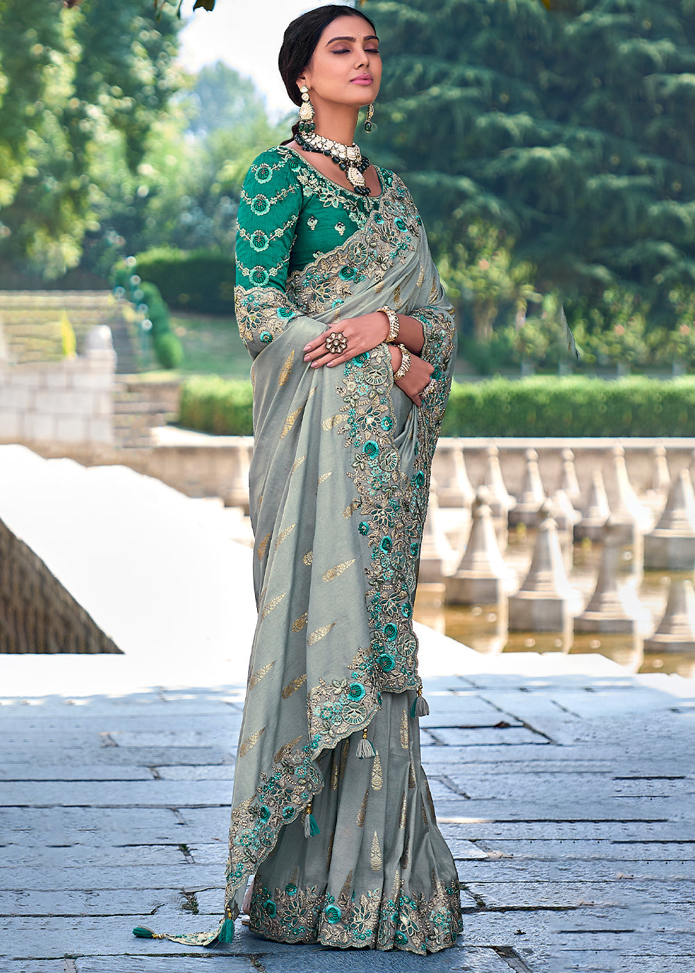 Silver Grey Tissue Silk Saree with Stone & Embroidery cut Work Border