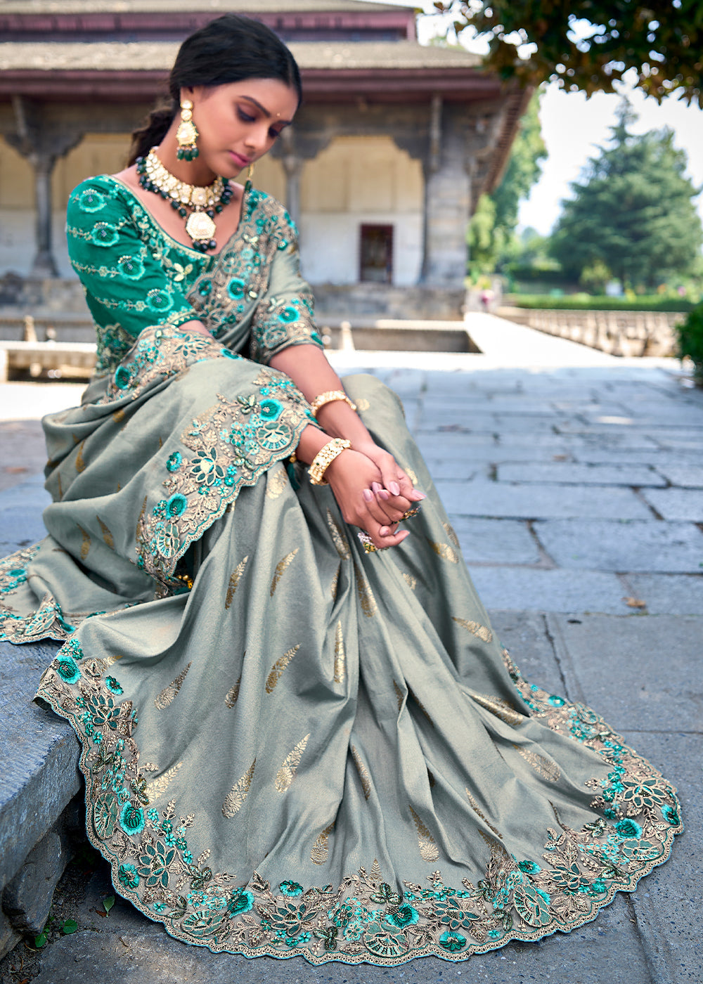 Silver Grey Tissue Silk Saree with Stone & Embroidery cut Work Border