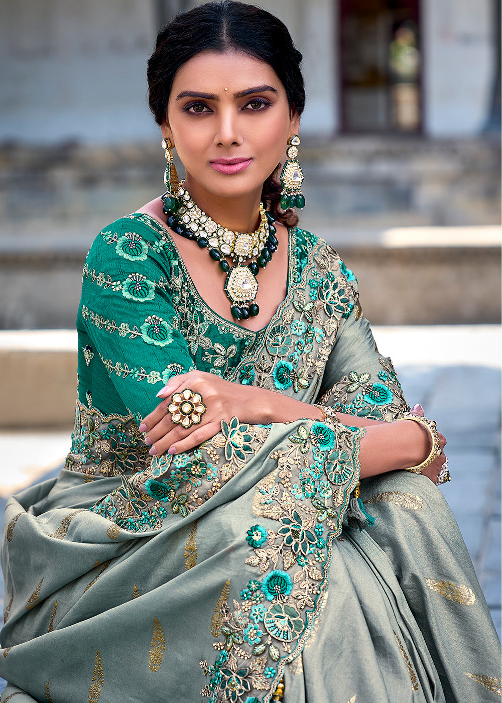 Silver Grey Tissue Silk Saree with Stone & Embroidery cut Work Border