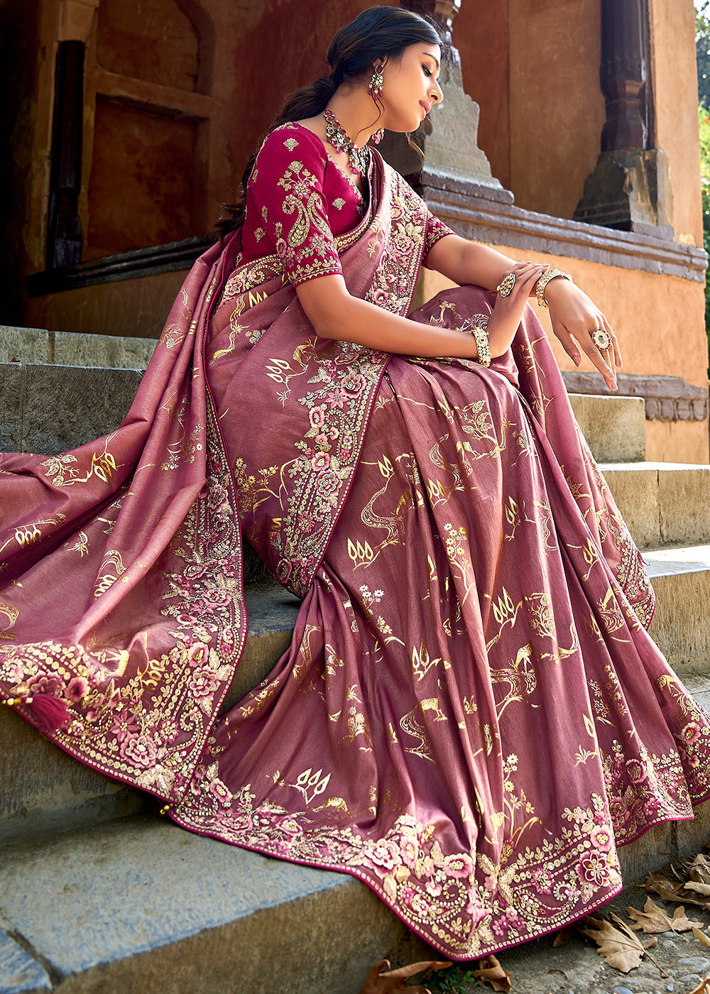 Mulberry Pink Tissue Silk Saree with Stone & Embroidery cut Work Border