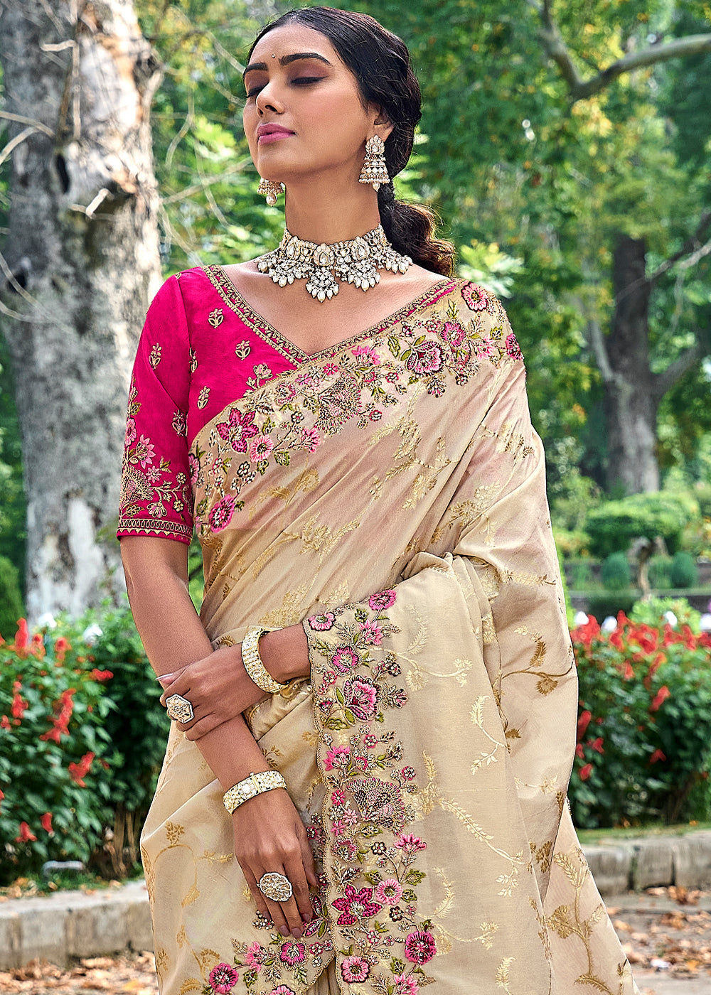 Cream White Tissue Silk Saree with Stone & Embroidery cut Work Border(Pre-Order)