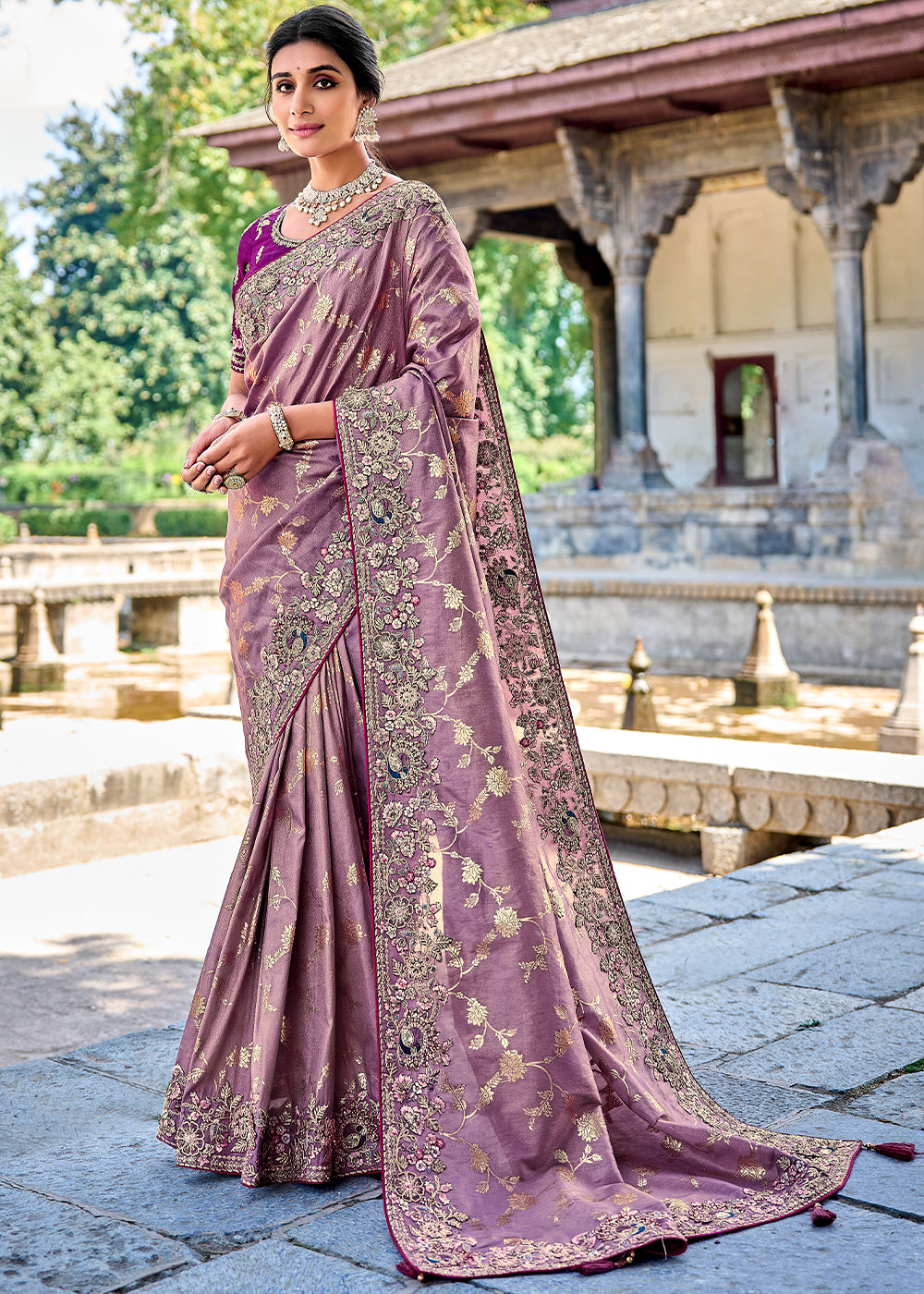 Iris Purple Tissue Silk Saree with Stone & Embroidery cut Work Border(Pre-Order)