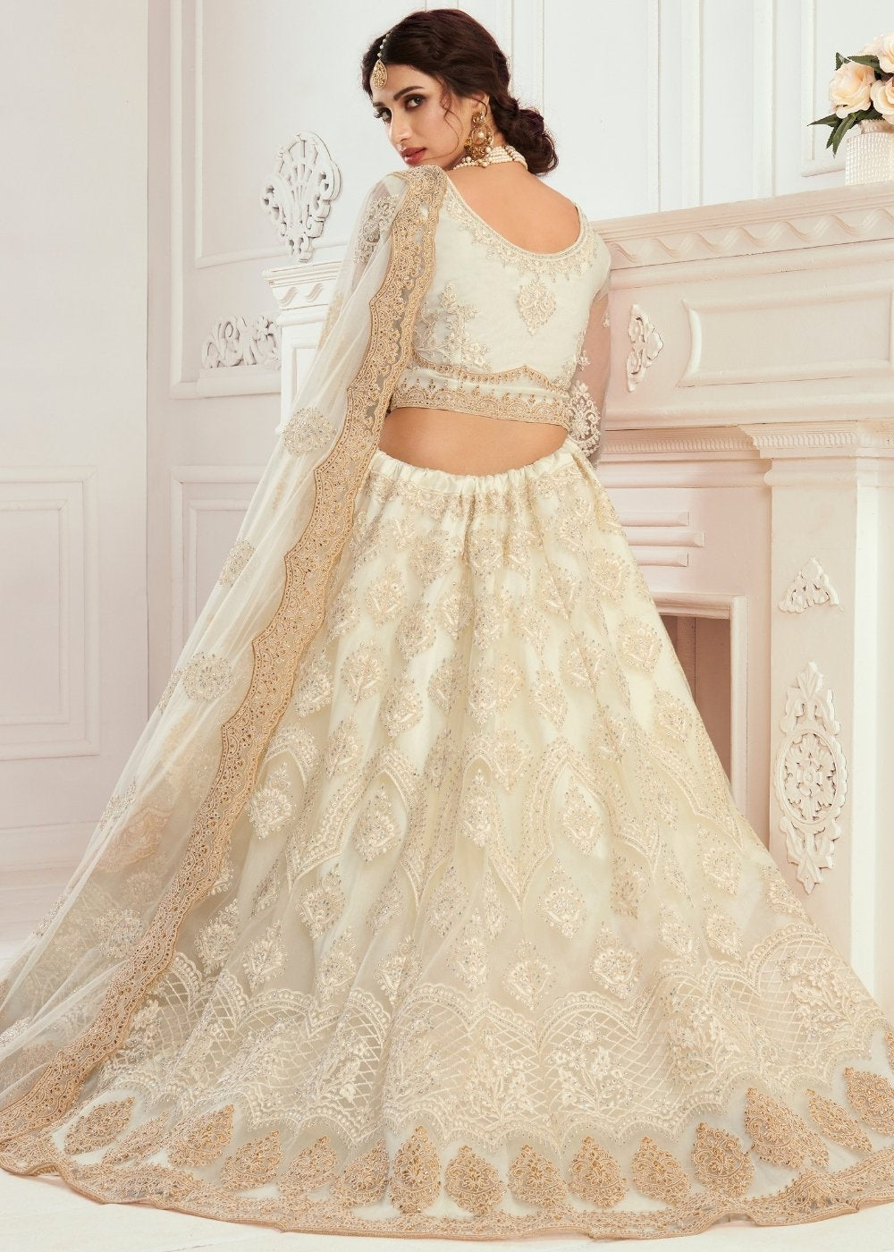 Ivory White Soft Net Lehenga Choli with Cording, Stonework, Thread & Zari Embroidery