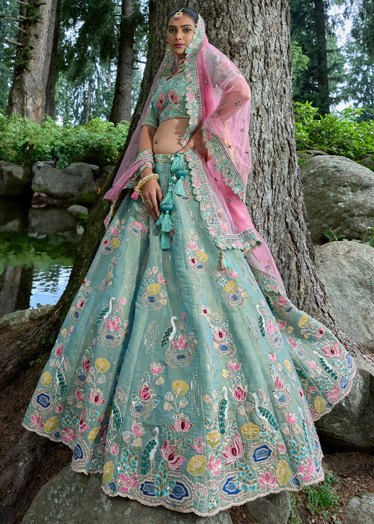 Alice Blue Tissue Silk Lehenga Choli With Heavy Embroidered Hand work: Wedding Edition