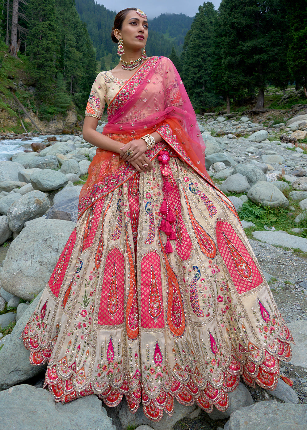 Pink & Light Brown Banarasi Silk Lehenga Choli With Heavy Embroidered Hand work: Wedding Edition