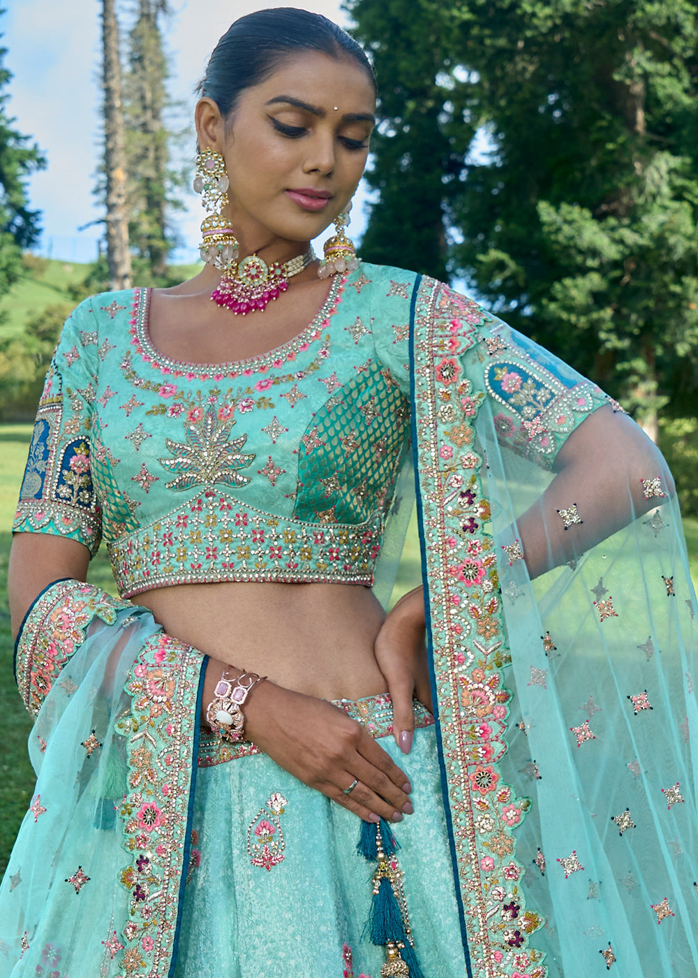 Aqua Blue Banarasi Silk Lehenga Choli With Heavy Embroidered Hand work: Wedding Edition