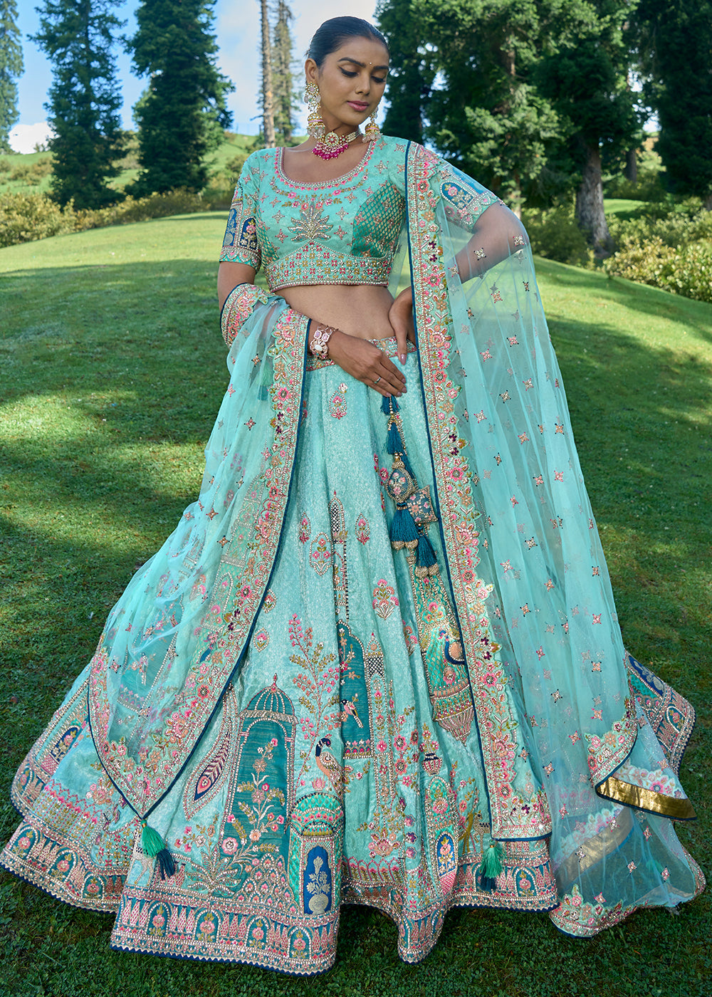 Aqua Blue Banarasi Silk Lehenga Choli With Heavy Embroidered Hand work: Wedding Edition