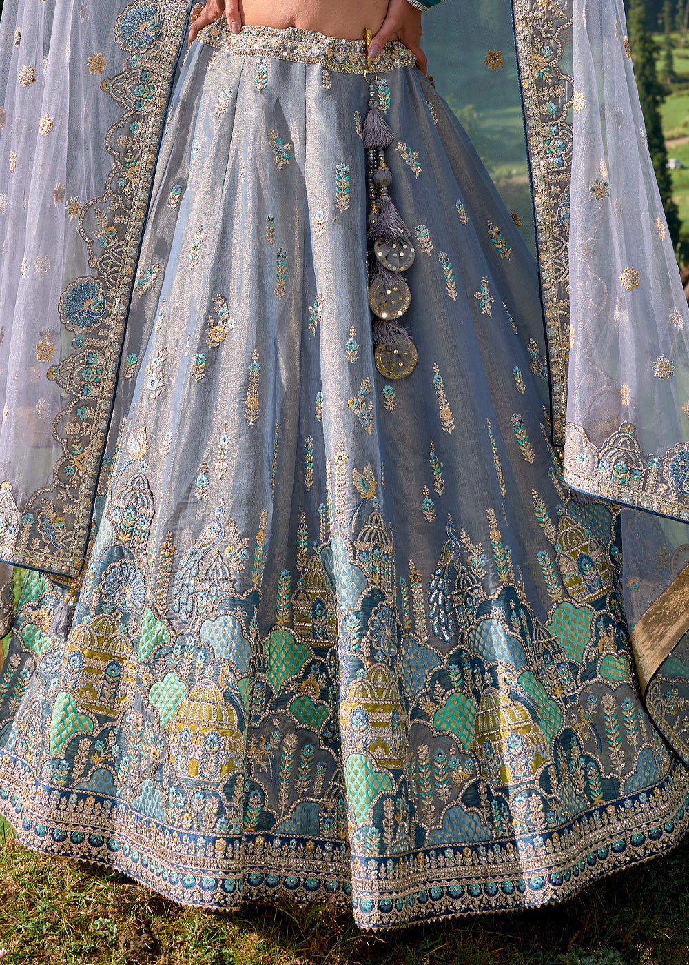 Elegant Grey Tissue Silk Lehenga Choli With Heavy Embroidered Hand work: Wedding Edition