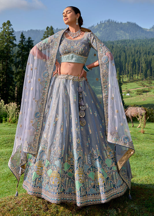 Elegant Grey Tissue Silk Lehenga Choli With Heavy Embroidered Hand work: Wedding Edition