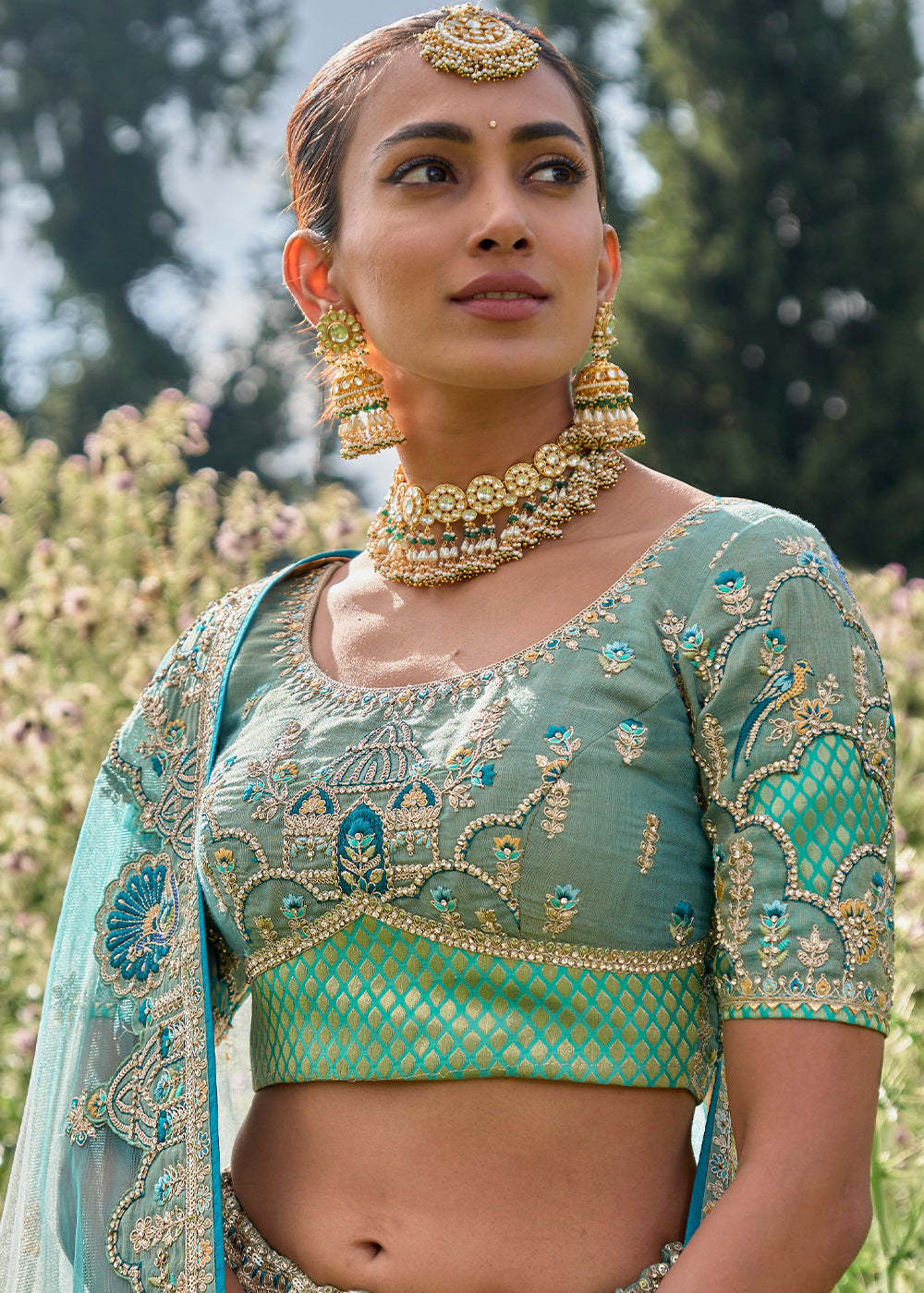 Shades Of Blue & Green Tissue Silk Lehenga Choli With Heavy Embroidered Hand work: Wedding Edition