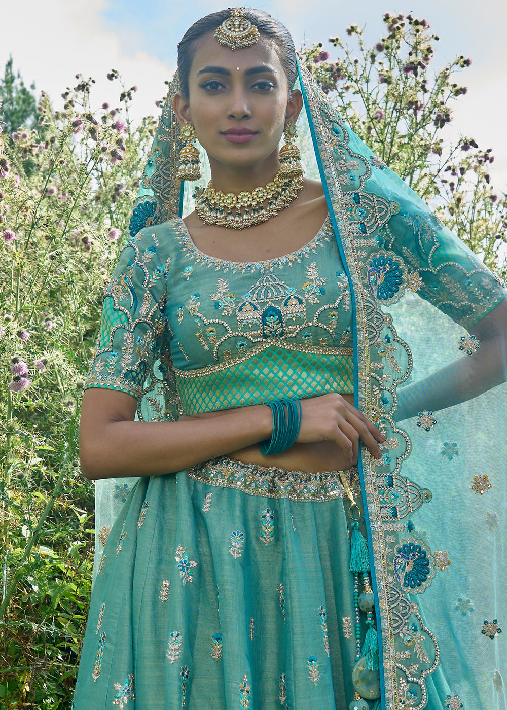 Shades Of Blue & Green Tissue Silk Lehenga Choli With Heavy Embroidered Hand work: Wedding Edition