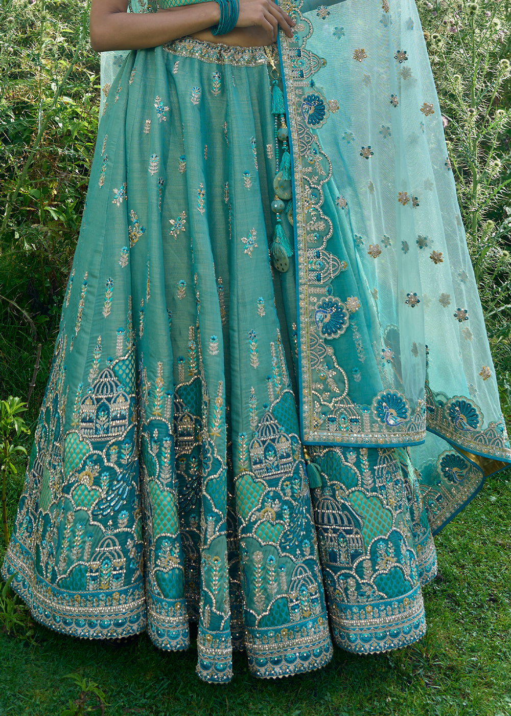 Shades Of Blue & Green Tissue Silk Lehenga Choli With Heavy Embroidered Hand work: Wedding Edition