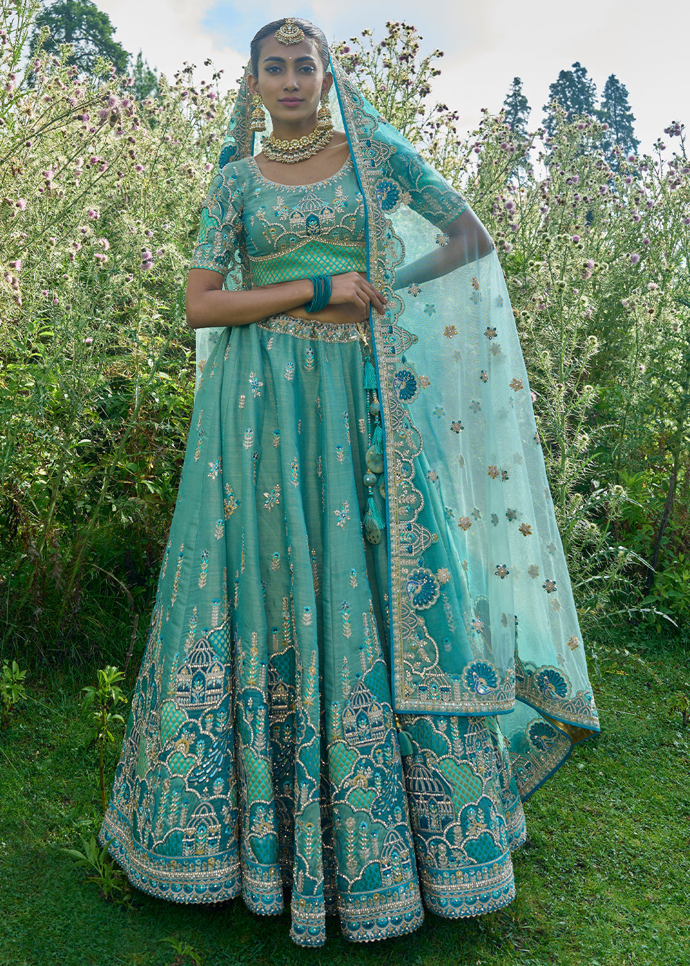 Shades Of Blue & Green Tissue Silk Lehenga Choli With Heavy Embroidered Hand work: Wedding Edition