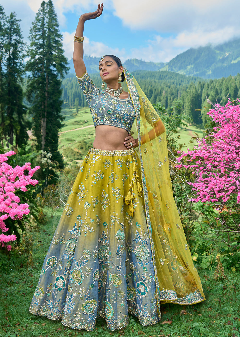 Yellow & Grey Tissue Silk Lehenga Choli With Heavy Embroidered Hand work: Wedding Edition