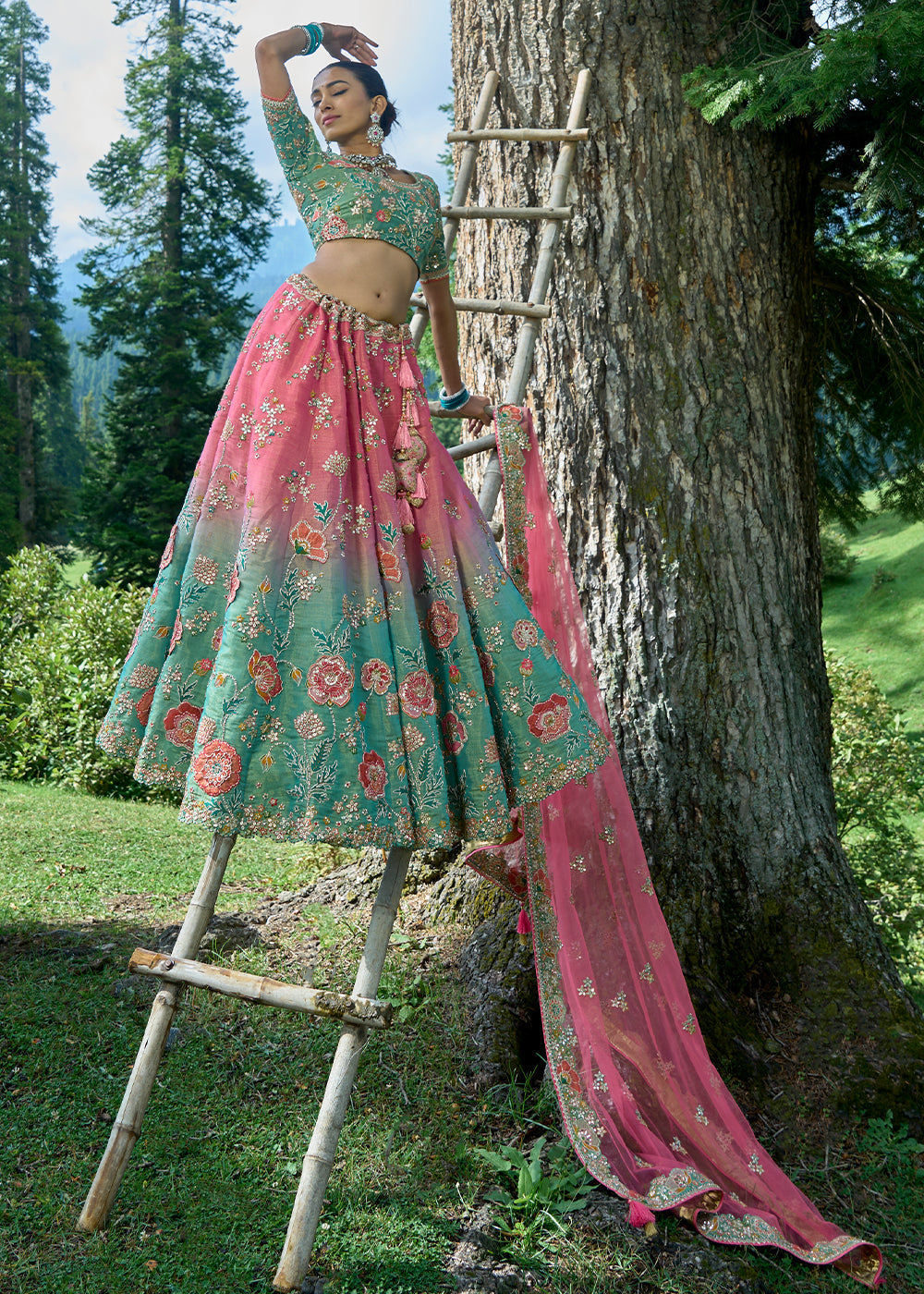 Pink & Green Tissue Silk Lehenga Choli With Heavy Embroidered Hand work: Wedding Edition