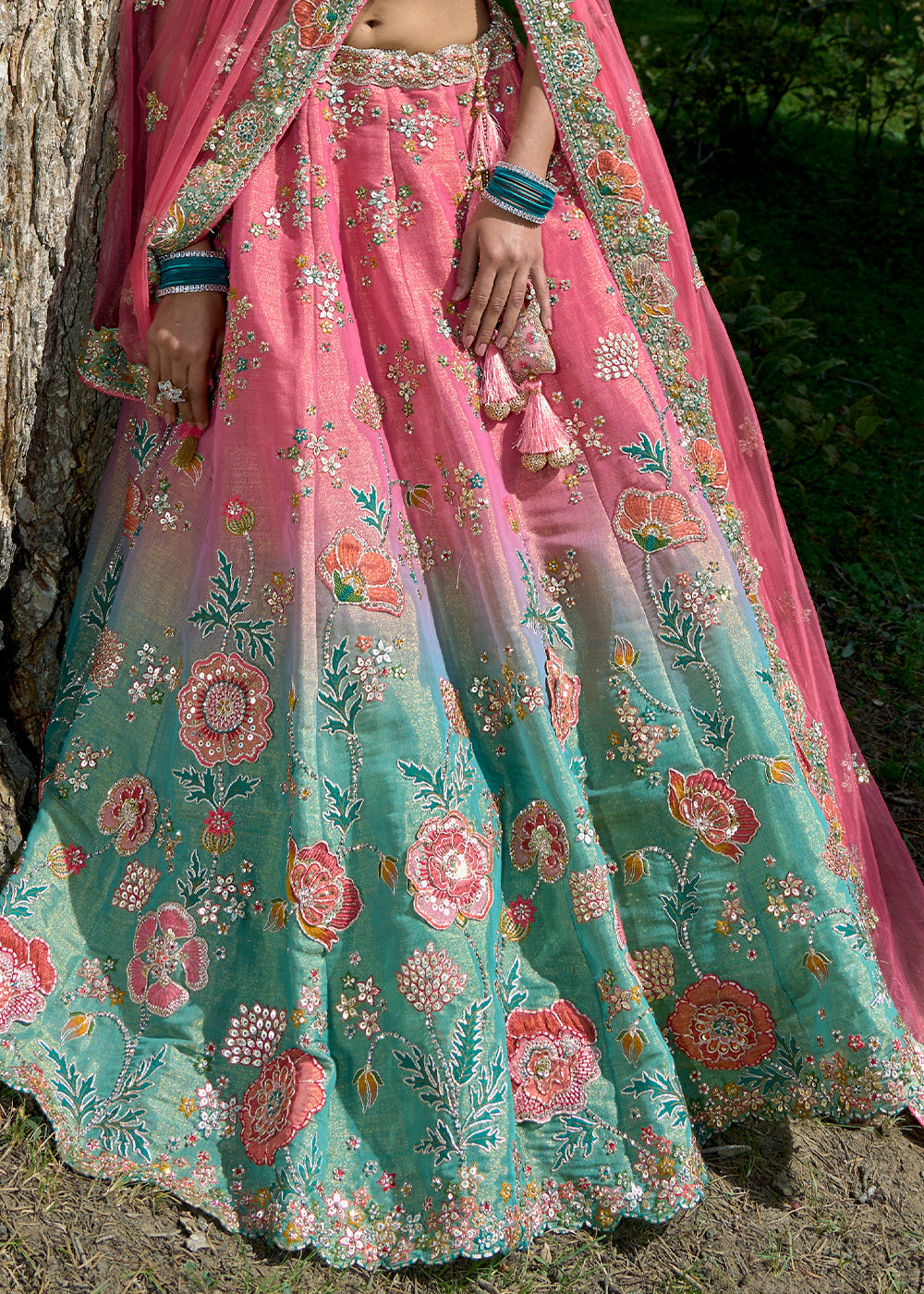 Pink & Green Tissue Silk Lehenga Choli With Heavy Embroidered Hand work: Wedding Edition