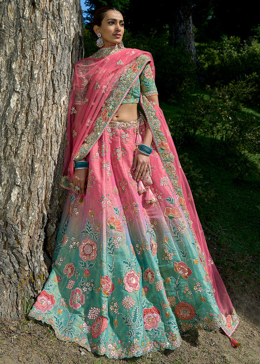 Pink & Green Tissue Silk Lehenga Choli With Heavy Embroidered Hand work: Wedding Edition