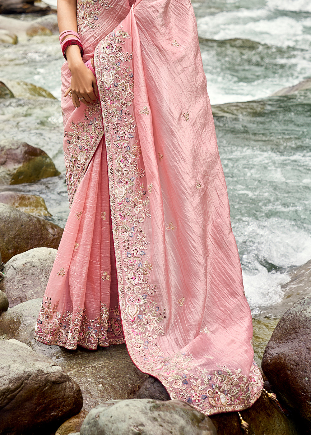 Peach Pink Crackle Crush Silk Saree with Intricate Embroidery work(Pre-Order)