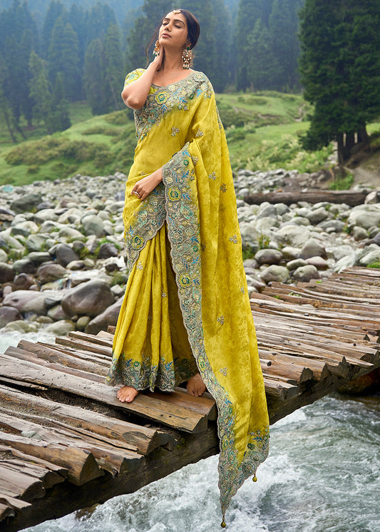 Titanium Yellow Viscose Silk Saree with Intricate Embroidery work