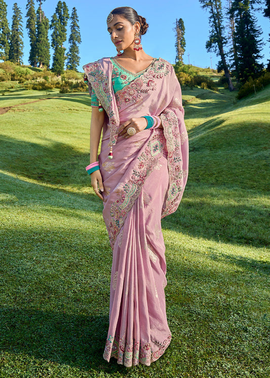 Beautiful Pink Viscose Silk Saree with Intricate Embroidery work