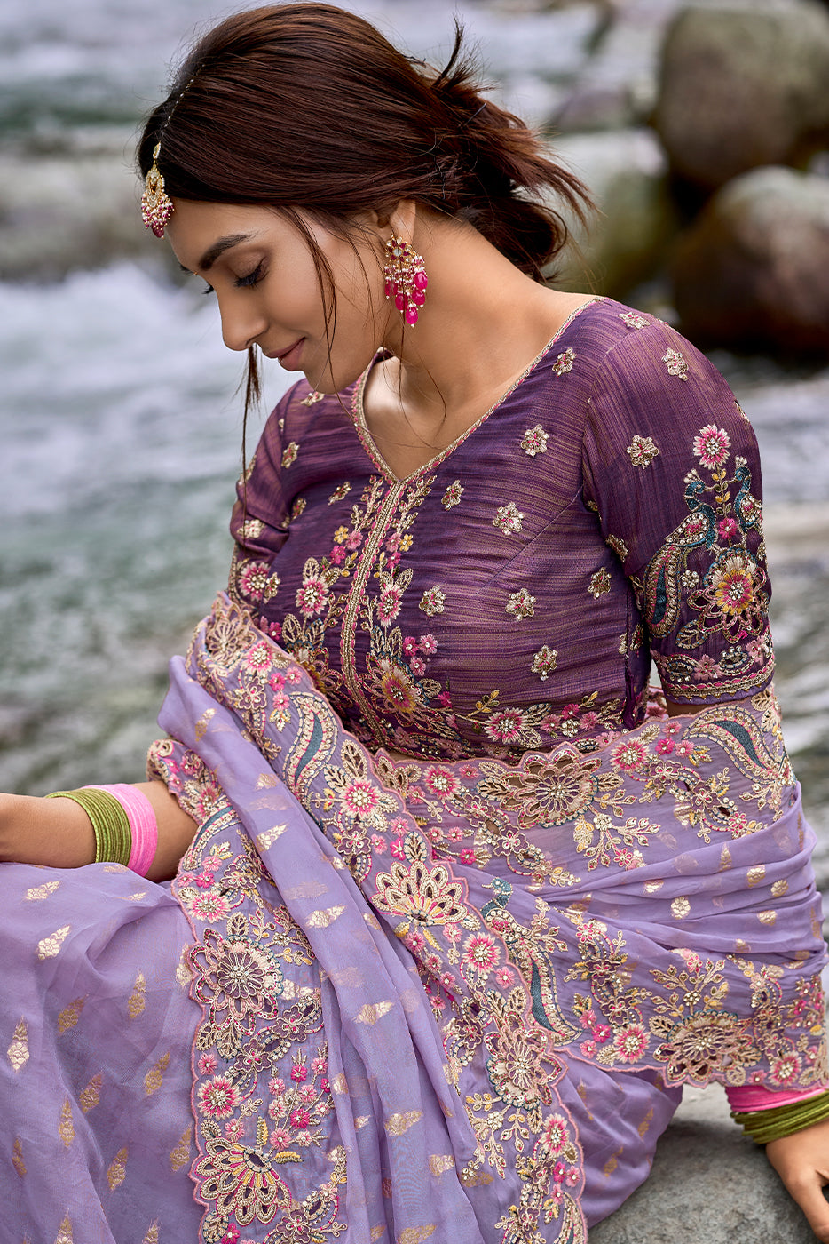 Floral Purple Organza Silk Saree with Intricate Embroidery work