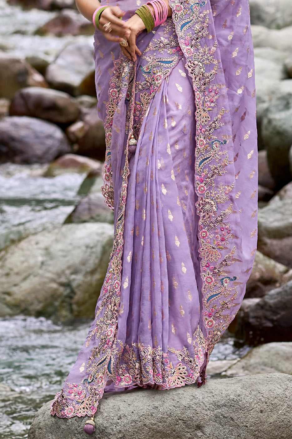 Floral Purple Organza Silk Saree with Intricate Embroidery work