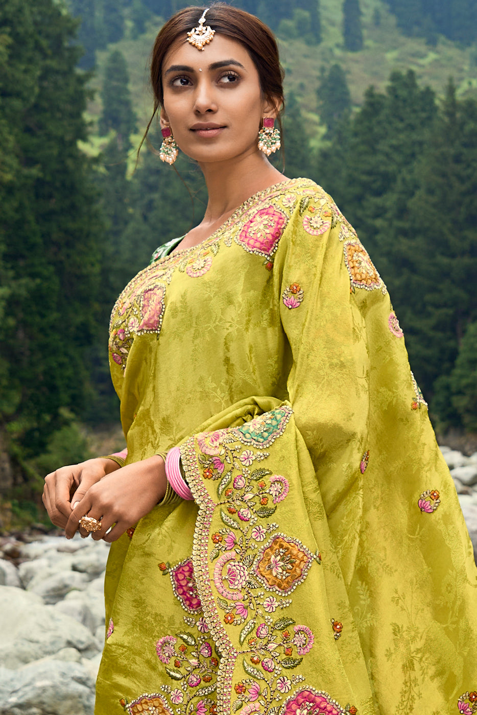 Pistachio Green Viscose Silk Saree with Intricate Embroidery work