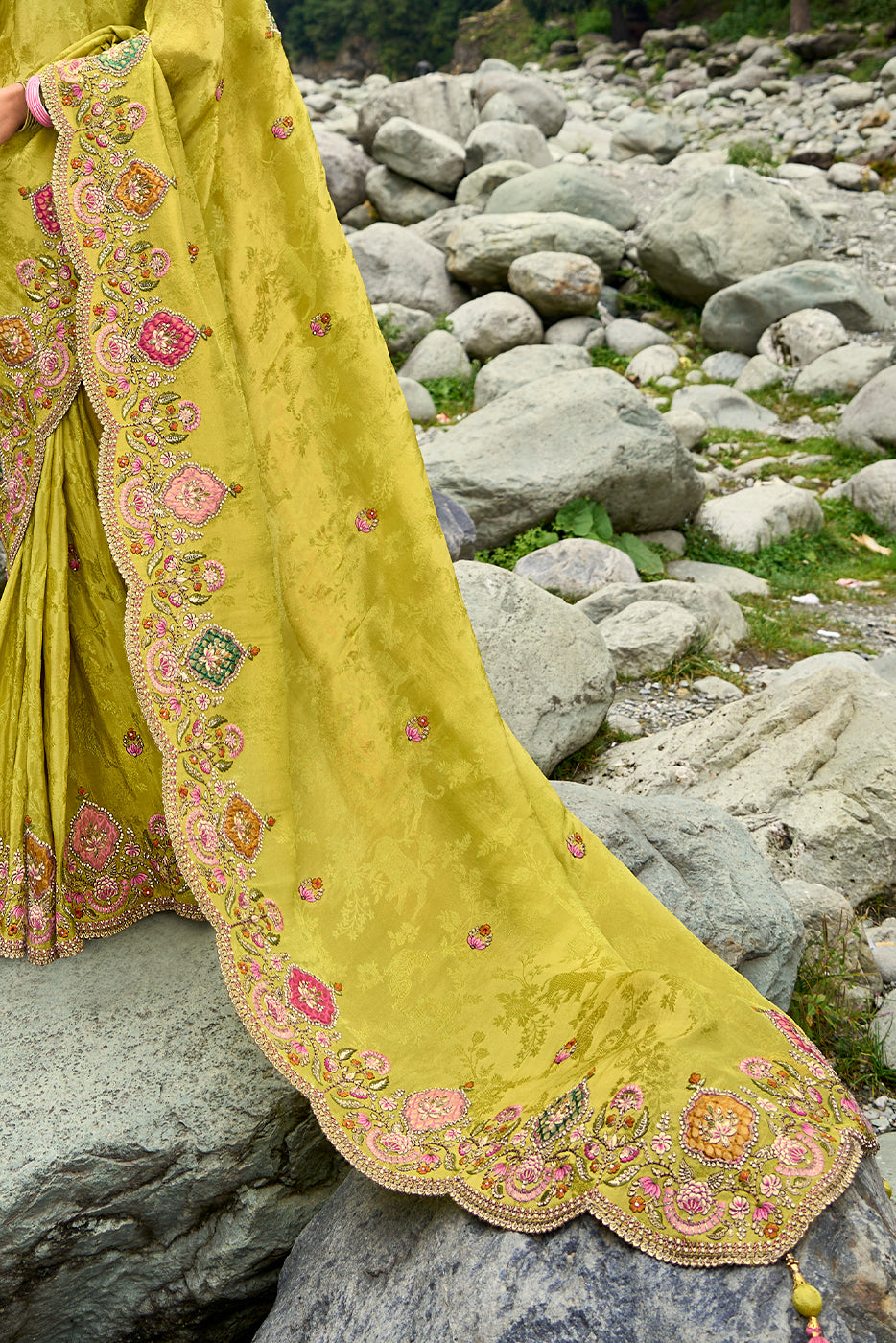 Pistachio Green Viscose Silk Saree with Intricate Embroidery work