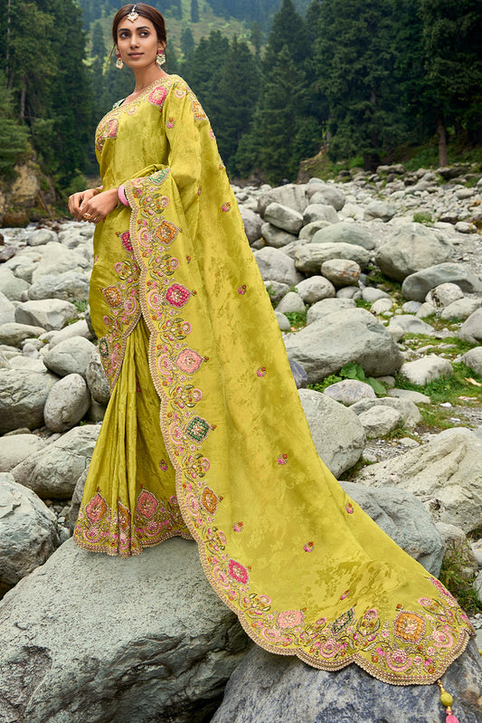 Pistachio Green Viscose Silk Saree with Intricate Embroidery work