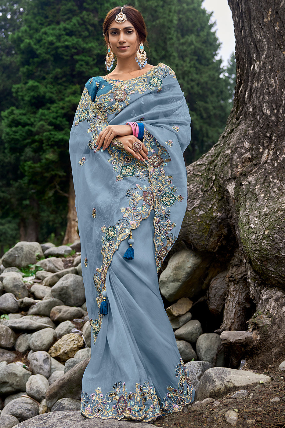 Powder Blue Organza Silk Saree with Intricate Embroidery work